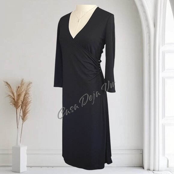 Classic Understated Isaac Mizrahi Surplice Long Sleeve Black Cocktail Dress - Picture 4 of 9